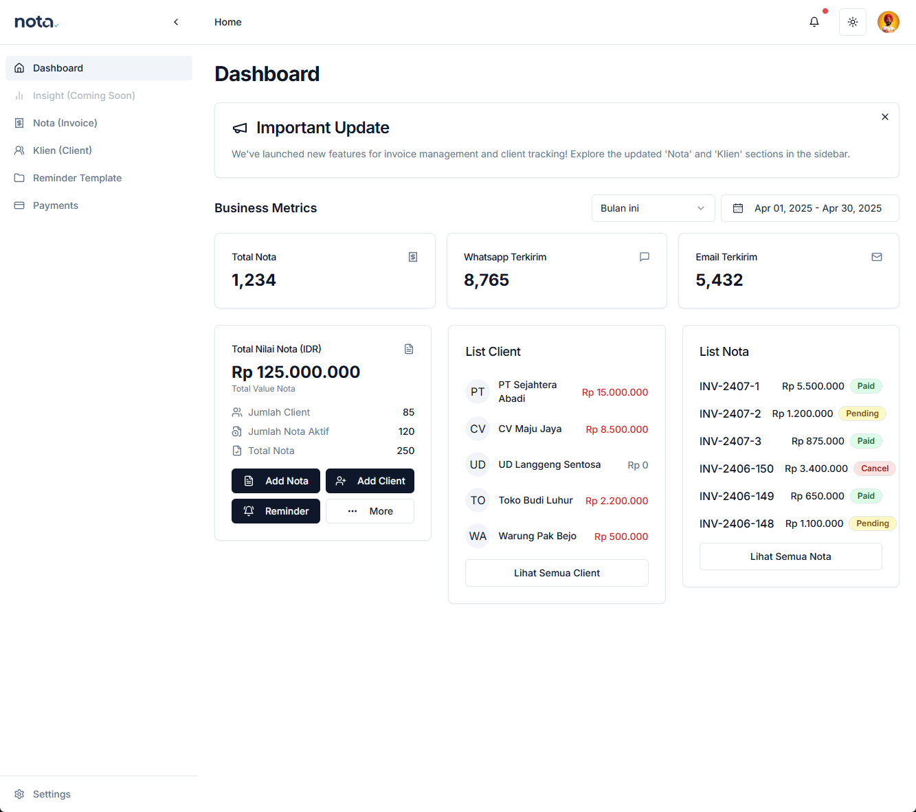 Dasbor Aplikasi Nota